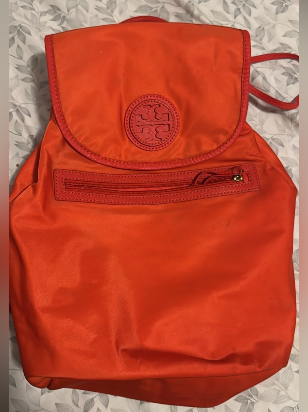 Tory Burch Bright Orange Nylon Backpack with Logo